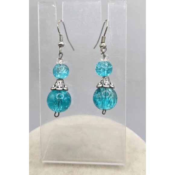 Blue Beaded Dangle Earrings With Silver Tone Beaded Accent - Picture 1 of 1